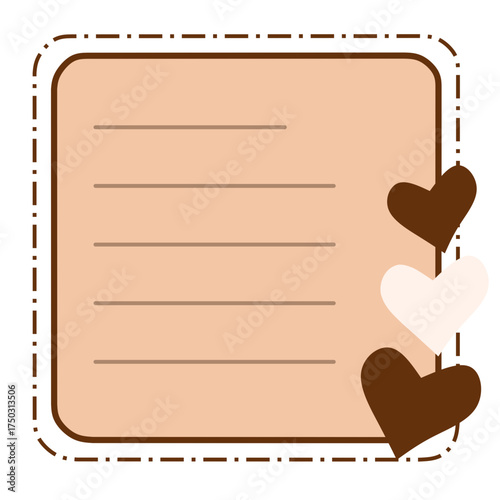 Beige Lined Memo Card Template with Brown Dotted Border and Hearts