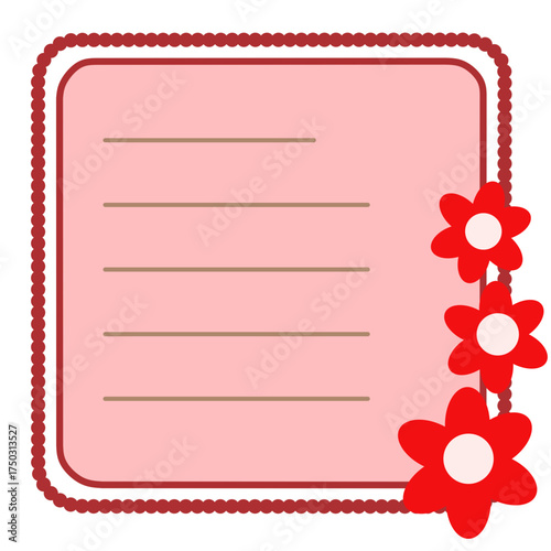 Cute Pink Lined Card Template with Red Bead Border and Flowers