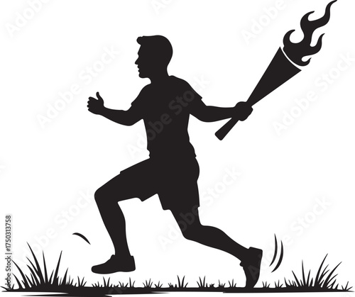 Black silhouette of a man running with a flaming torch