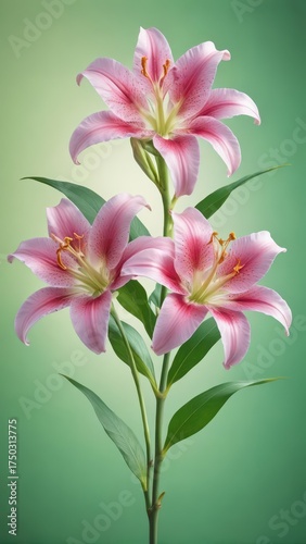 Delicate petals and slender stems of three elegant spotted pink lilies in a lush green arrangement