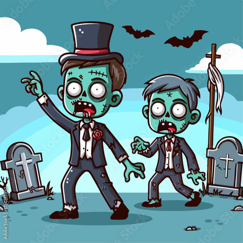 Cartoon illustration of zombies in a graveyard