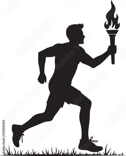 Black silhouette of a man running with a flaming torch on grass