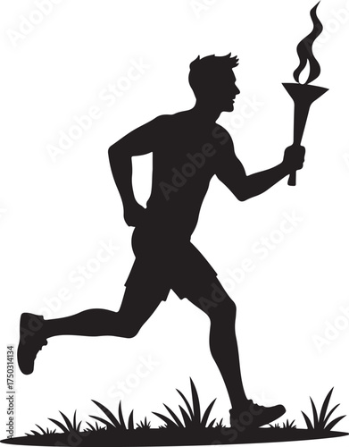 Black silhouette of a man running with a torch flame