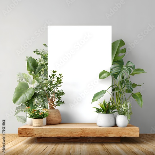 Modern Minimalist Display with Green Plants and Empty Canvas