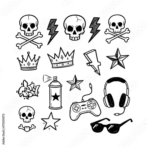 Creative Skulls and Icons Design, Graphic Elements for Youth Culture, Digital Art, Urban Environment, Vibrant Colors, Trendy Style