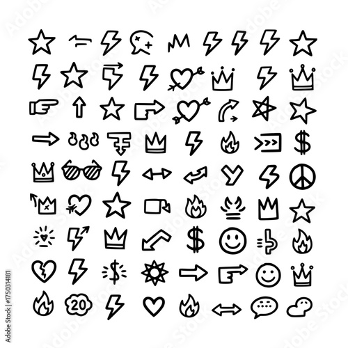 Dynamic Graphic Icons and Logos Featuring Stars, Hearts, and Symbols in a Minimalist Style for Creative Projects