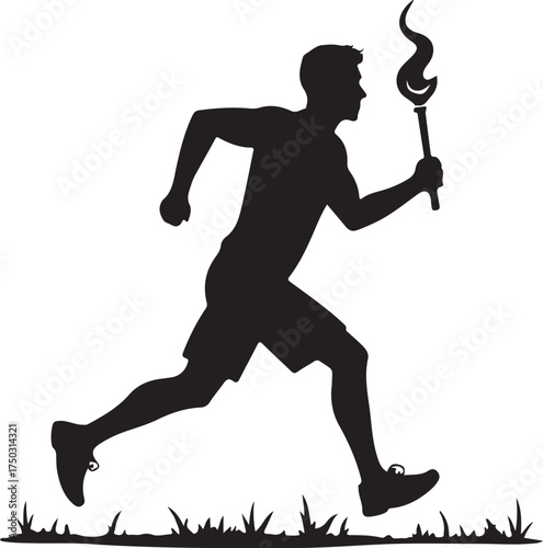 Black silhouette of a man running with a torch flame