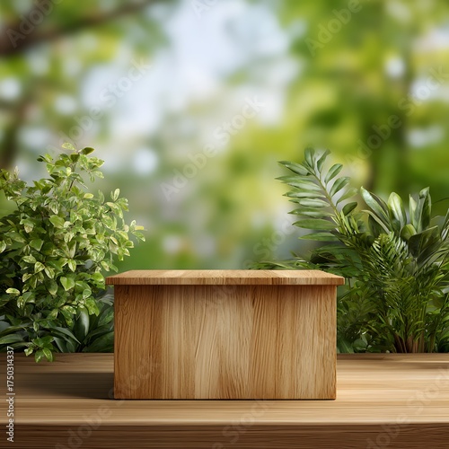 Wooden Box on Table Surrounded by Green Foliage in Soft Focus
