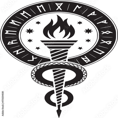 Black and white emblem featuring a torch with flames surrounded by runes and stars in a circle