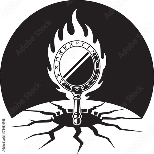 A stylized illustration of a flaming mirror emerging from cracked ground with runes and a dark background