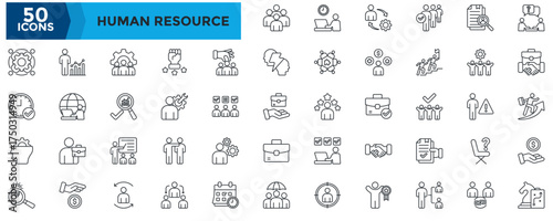 Human Resource icon set. Containing workplace, management, candidate selection, resume review, job interview, hire, career growth, salary, strategy, teamwork, HR management. Outline style