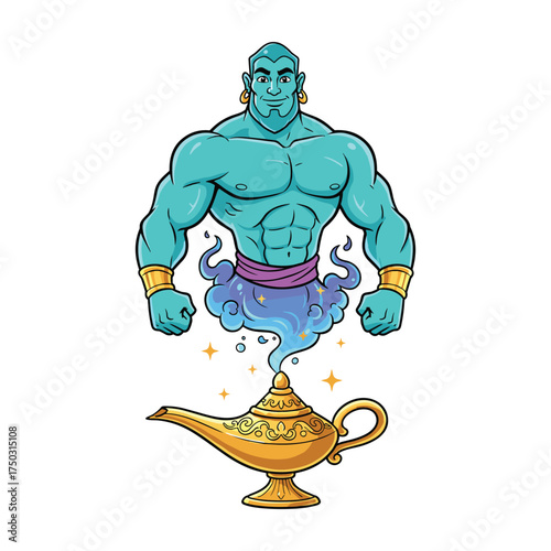 Magical Genie Emerging from Golden Lamp Vector