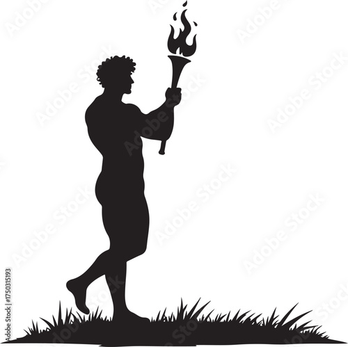 Black silhouette of a muscular man holding a flaming torch