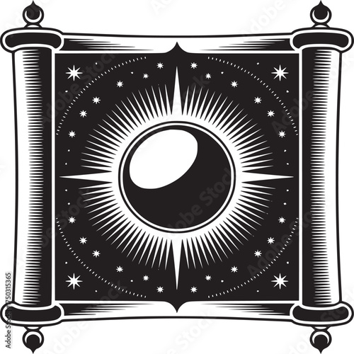 A black and white illustration of an open scroll with a sun and stars design on the scroll face
