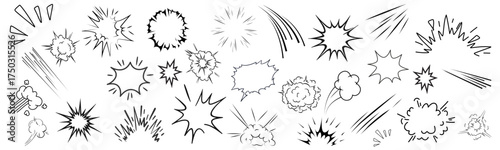 Line speed cartoon effect, boom explosive motion line element set. Comic boom burst, explosive smoke, line speed cartoon vector icon. 