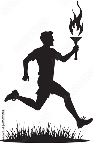 Black silhouette of a runner holding a flaming torch in grass