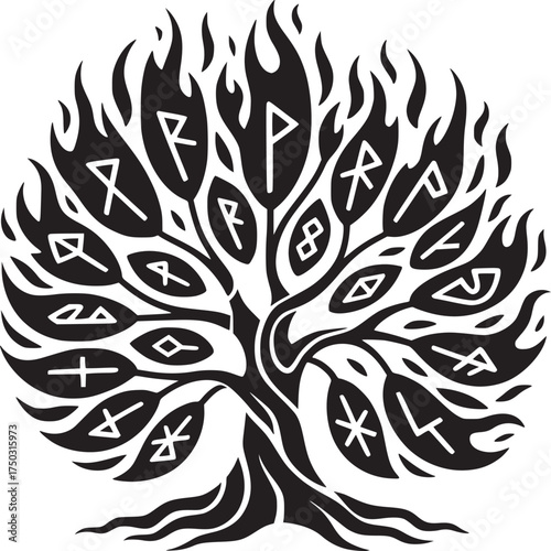 Black and white depiction of a tree with runic symbols and flame like leaves on a white background