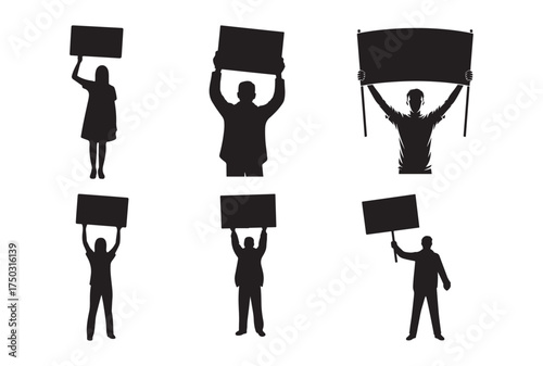 Protest Silhouette Vector – People Holding Blank Signs and Banners.