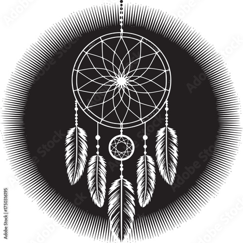 A detailed black and white illustration of a dreamcatcher with feathers and intricate web design