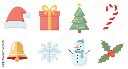 Collection of various Christmas-themed illustrations, including a Santa hat, gift box, decorated tree, and candy cane.