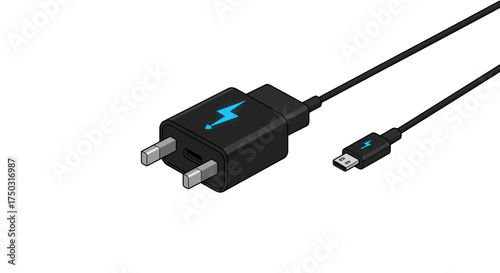 Phone Charger Illustration – Minimal Black Adapter with Cable Vector