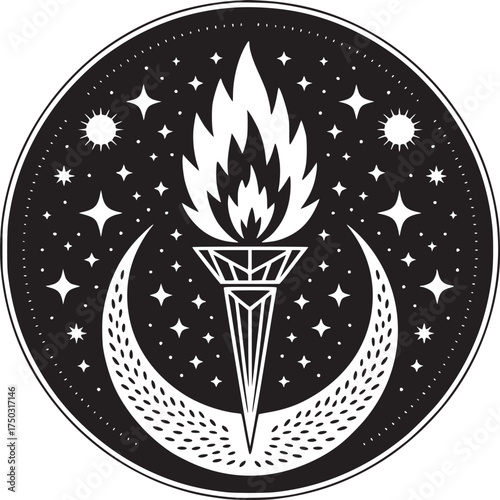 Black and white emblem featuring a torch with flames moon and stars in a circular design element