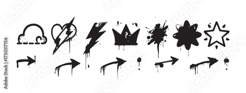 Vector collection of graphic elements including a cloud heart lightning crown and star with arrows below