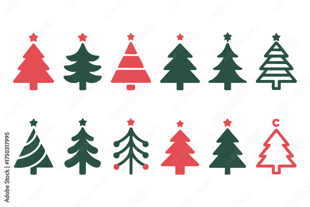 Obraz premium Collection of Twenty-One Christmas Trees, Variety of Filled and Outline Christmas Tree Shapes in Red and Dark Green, vector, illustration,