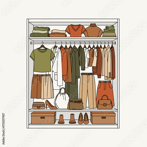 Capsule wardrobe with organized autumn fashion clothes, shoes, and accessories. Minimalist closet organization in earthy tones.