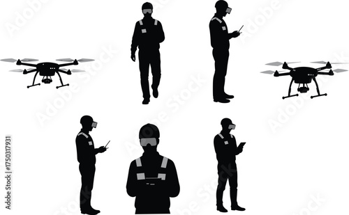 Drone operators with VR headsets, augmented reality control, quadcopter technology, immersive piloting, remote training, futuristic aviation, digital simulation, modern drone innovation