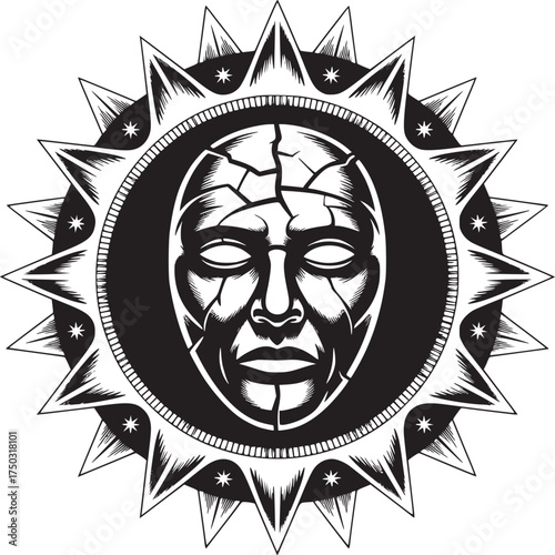 Stylized monochrome illustration of a cracked face within a sunburst design element