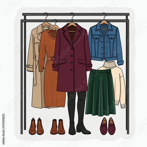 Autumn Winter Women's Fashion Collection on Clothing Rack. Seasonal Wardrobe Essentials with Coats, Dresses, Skirts, and Boots.
