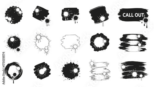 Set of black and white ink blots and splashes with gear and vintage design elements