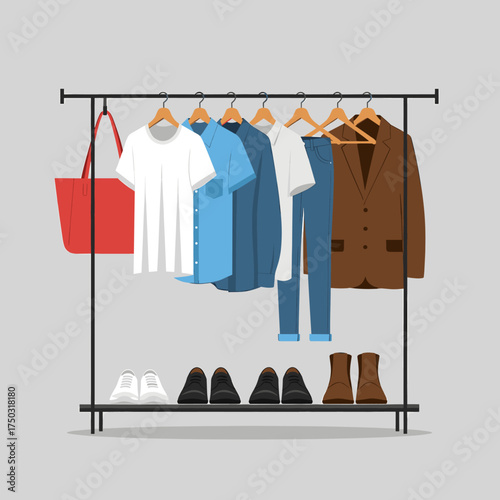 Fashion Clothing Rack with Apparel, Shoes, and Bag. Organized Wardrobe Display for Retail or Home Storage Vector Illustration.