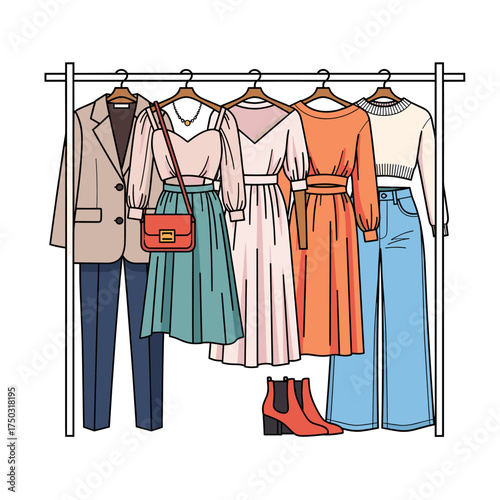 Fashionable Women's Clothing Collection on a Rack - Illustrated Wardrobe