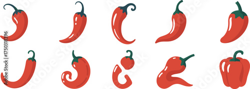 Collection of Red Chili Peppers and Bell Pepper Vector Icons Keywords: chili, pepper, red, hot