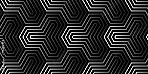 Geometric black and white hexagon pattern with gradient lines creating a modern optical illusion background.