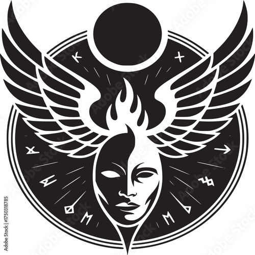 A stylized emblem featuring a winged figure with a flame above a split face design in black and white
