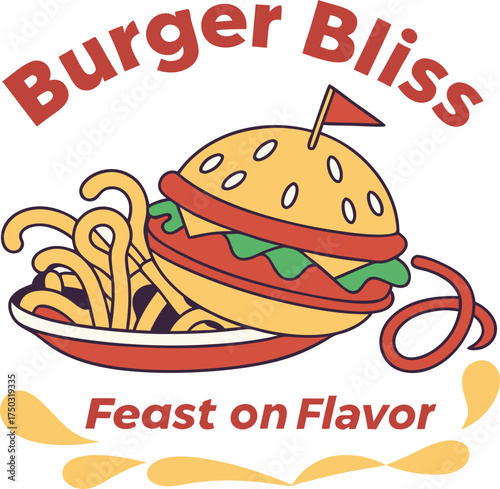 Burger Bliss Logo with Burger Fries and Slogan Feast on Flavor hamburger french fries