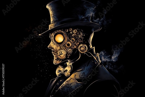 A steampunk gentleman dons a top hat and mask in this captivating artwork.