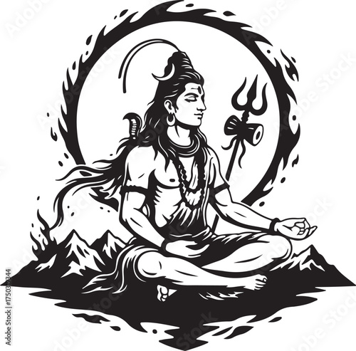 Lord Shiva Meditating on Mount Kailash Silhouette with Trident Vector