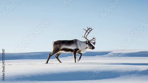 Majestic caribou traverses a vast snowy expanse its shadow stretching across the pristine frozen landscape Winter s beauty captures this arctic animal in its natural