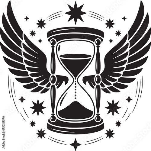 A stylized black and white illustration of an hourglass with wings and surrounded by stars