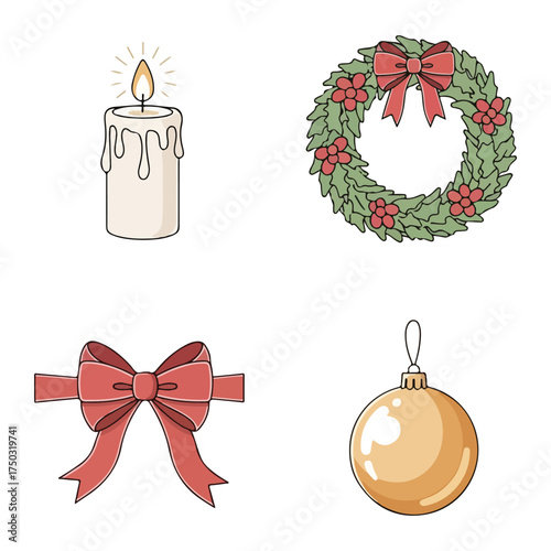 A collection of festive holiday illustrations including a lit candle, a Christmas wreath, a red bow, and a golden bauble.