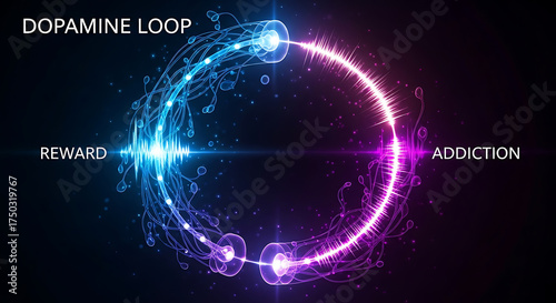Dopamine loop illustrating reward and addiction with glowing neon particles and abstract energy