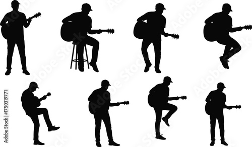 Guitarist silhouettes playing poses, flat vector illustration, acoustic music action, standing sitting walking stance, creative performance design, musician art concept