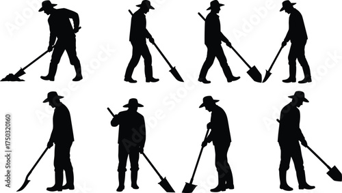 Worker silhouettes shoveling poses, flat vector illustration, manual labor action, shovel digging movement, outdoor farming job, soil dirt work, construction industry concept