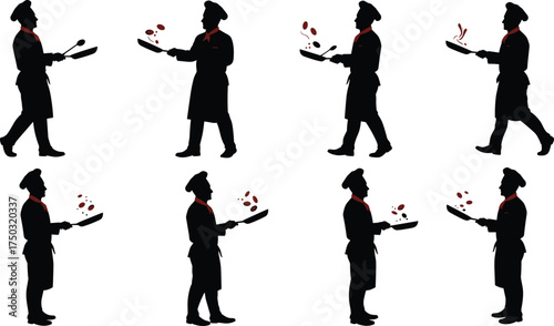 Chef silhouettes cooking poses, flat vector illustration, frying pan tossing food, red accent design, culinary art action, restaurant kitchen uniform, gourmet concept