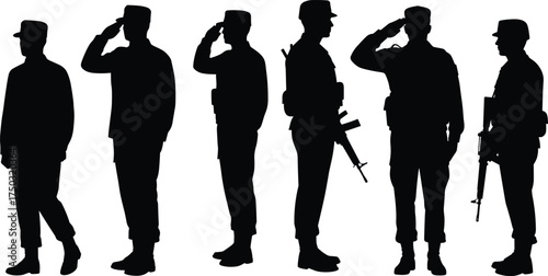 Soldier silhouettes military salute, flat vector illustration, rifle holding stance, army discipline respect, marching action, combat uniform, defense training, patriotic concept