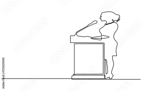 Single one line drawing podium with microphone, Conference lectern line icon on the background, Conference lectern icon, Man Giving a Presentation, Usually used in speech or oration. continuous line.